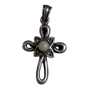 Sterling Silver 925 Cross Pendant Vintage Pearl Center & Floral Marcasite READ